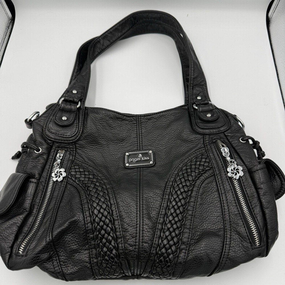 Angel Kiss Soft Faux Leather Hobo Shoulder Bag Purse Black Pockets Zippers Y2K